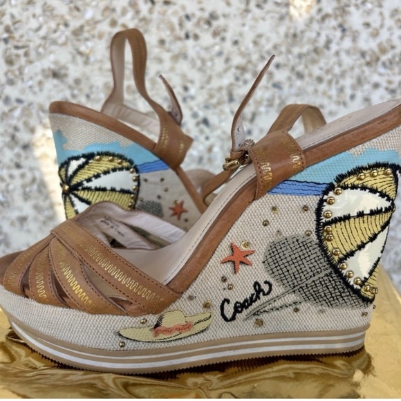 Coach Shoes - Coach Caroline Leather Wedge Sandal Size 8B 
Beach Summer Vacation Rare Beaded